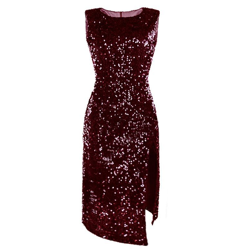 Sleeveless Crew Neck All Over Sequin Midi Dress, Velvet Base High Side Split Asymmetrical Hem Bodycon Cocktail Party Dress 4 Colors_ecoleips.com