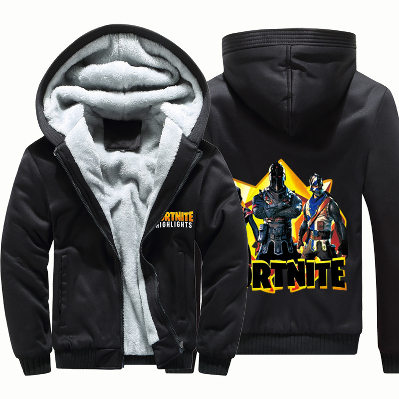 Plus velvet thickened warm coat men's fashion fortress warrior print fashion cardigan sweatshirt boys hooded top