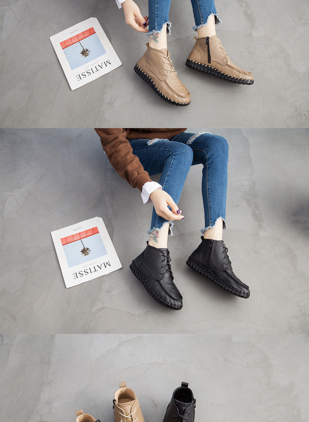 ShoeVault Xinrui 2023 Autumn Winter New Retro Short Soft Sole Comfortable Genuine Leather Flat Casual Single Boots Cotton Shoes_voghion.com