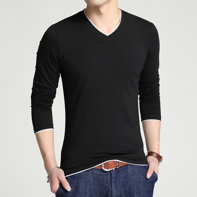 乔依尔2019春季男式纯色棉T恤 青年长袖休闲V领百搭纯T简单款批