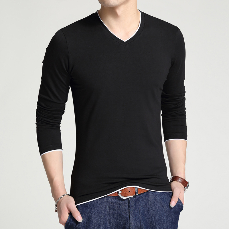 乔依尔2019春季男式纯色棉T恤 青年长袖休闲V领百搭纯T简单款批