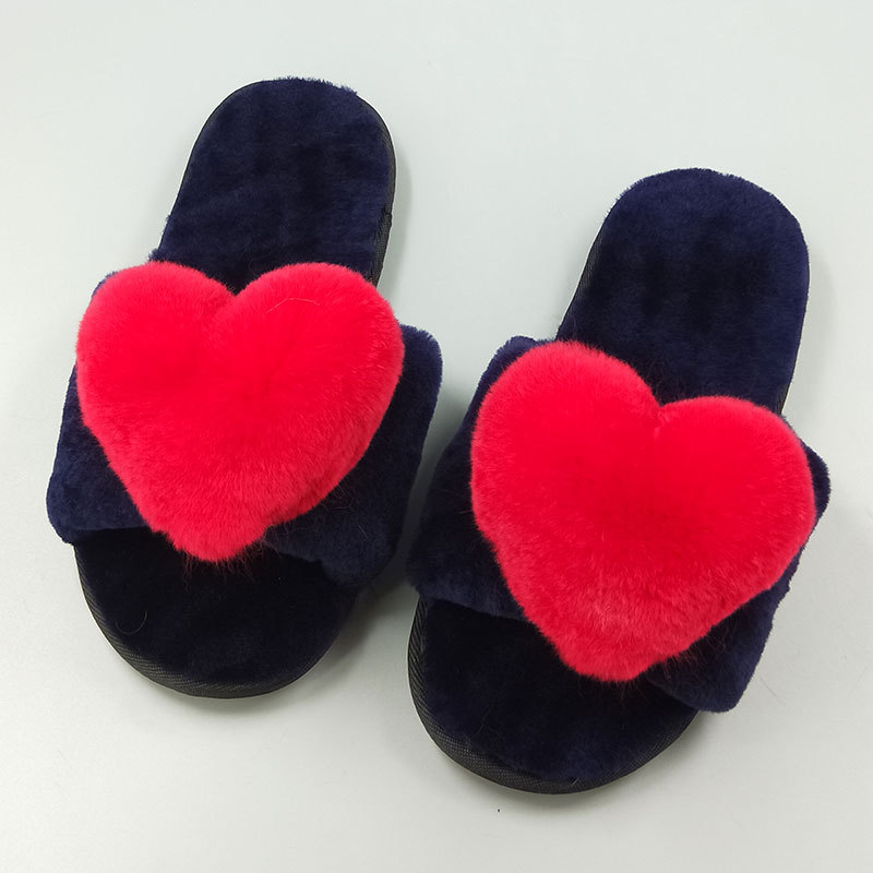 新款秋冬女羊剪绒皮毛一体家居棉鞋防滑加厚保暖软底獭兔心形拖鞋