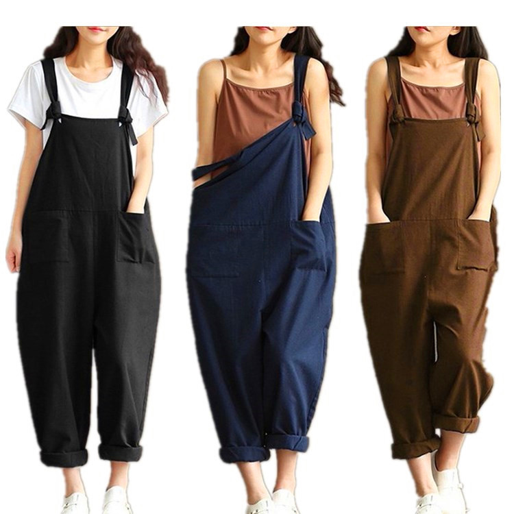 2018新款 大码女装文艺复古深蓝磨毛棉布背带休闲长裤女 厂家直销
