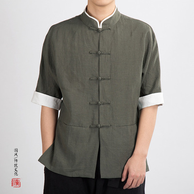 Chinese tang suit  linen men stand collar cotton hemp men Tang pan button short sleeve shirt