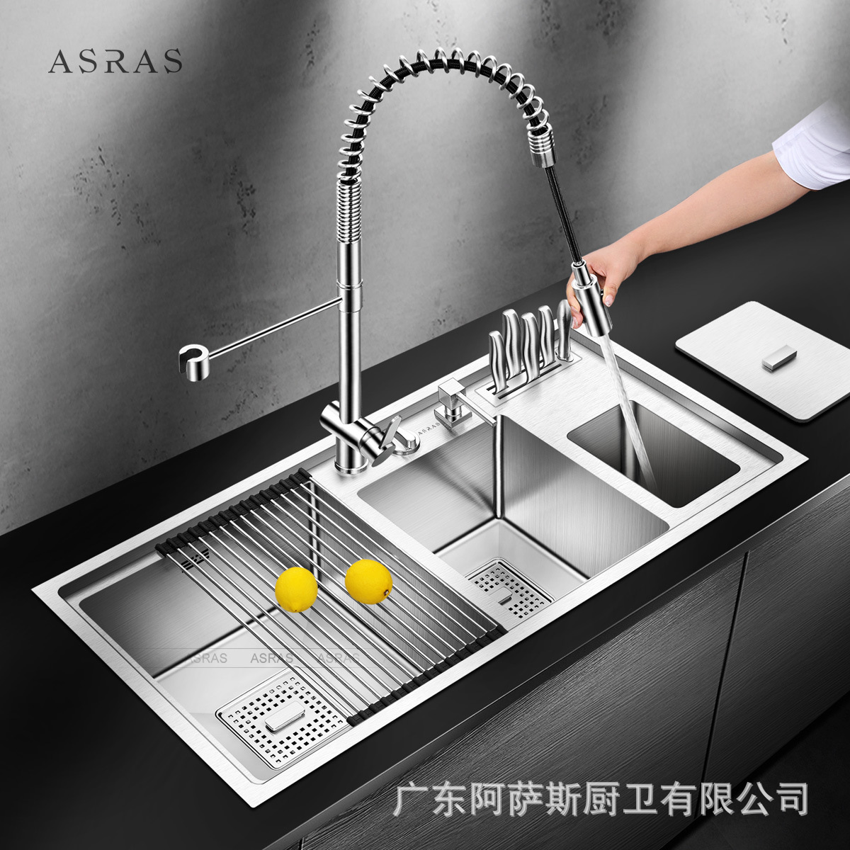 阿萨斯304不锈钢厨房多功能手工水槽双槽洗菜盆套餐带垃圾桶刀架 阿里巴巴