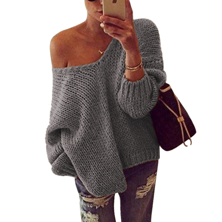 Suéter de Punto para Mujer, Otoño/Invierno 2025, Éxito de Ventas en Amazon, Estilo Europeo y Americano, Casual, Color Sólido, Cuello en V Profundo, Hombros Descubiertos, Espalda Descubierta