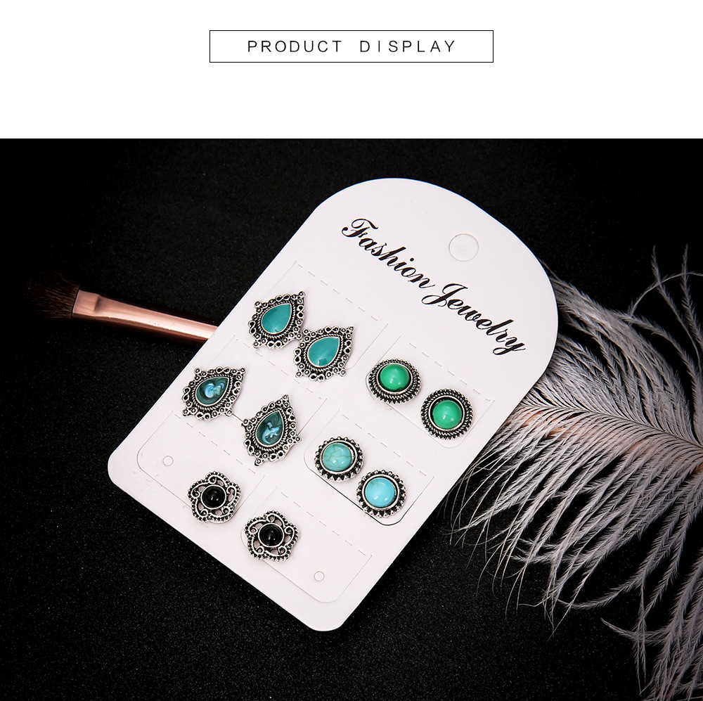 New 5 Pairs Set Earrings European And American Fashion Retro Dazzling Turquoise Gem Earrings Set display picture 7