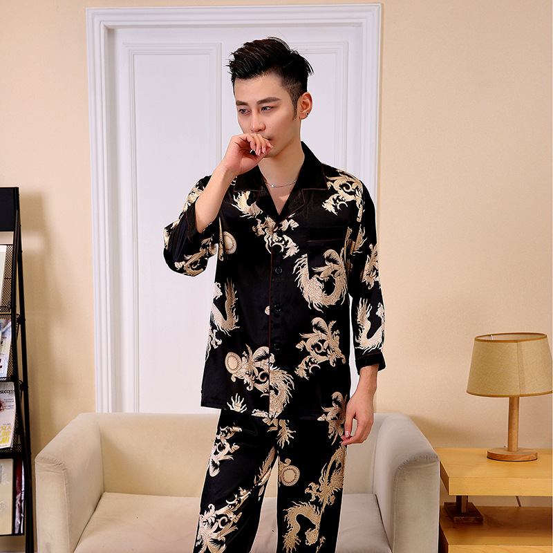 工厂男士长袖睡衣夏薄款长裤丝绸印花家居服男免费拿样可定制加工