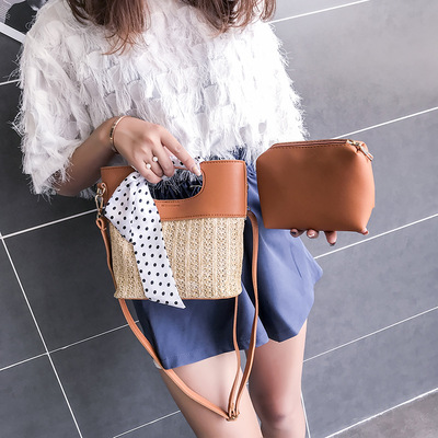 2018夏季新款水桶型草编包文艺子母包丝巾两件套沙滩包百搭女包潮