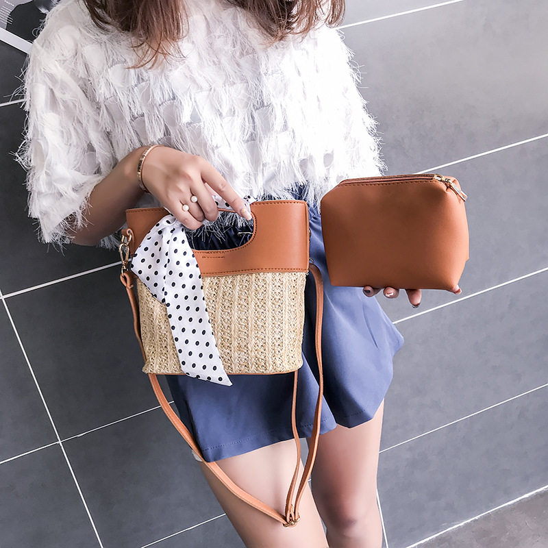 2018夏季新款水桶型草编包文艺子母包丝巾两件套沙滩包百搭女包潮