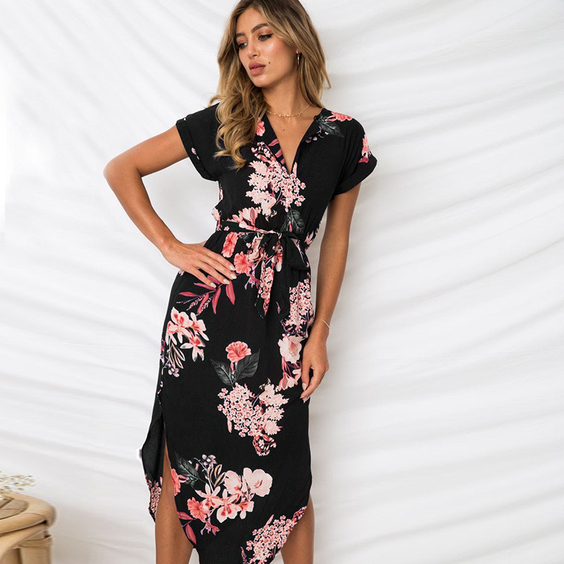 sexy V-neck square print mid-length short-sleeved dress NSGE38886