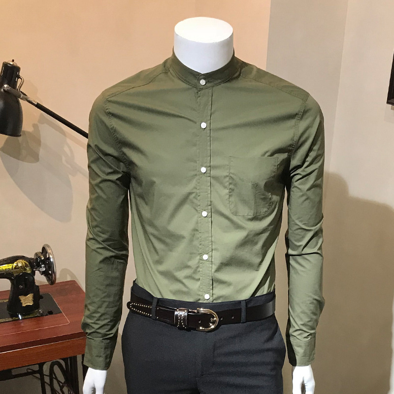 2019春夏新款时尚韩版潮修身纯色商务休闲立领男士长袖衬衫 F3TB5