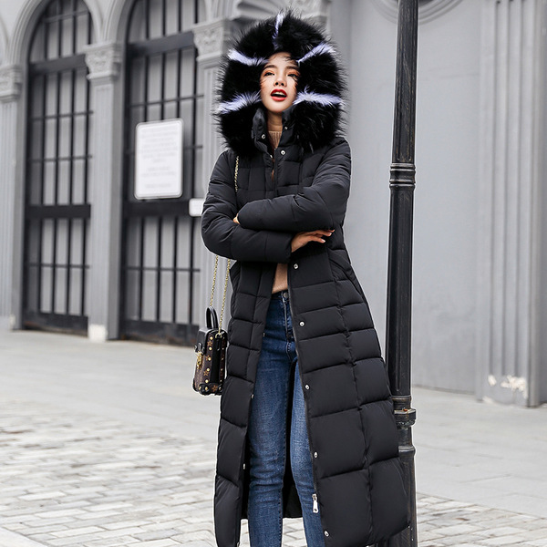 cotton-padded long winter suit a cap and a large fur-collar coat