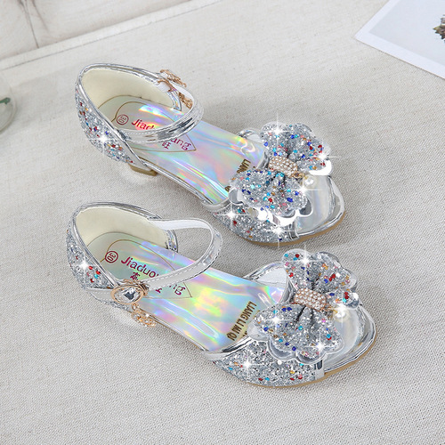 Ice and Snow Dream Girls' High Heels Children's Princess Sandals with Bow and Crystal Heels