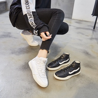 2019早春真皮高帮小白鞋 原宿系带单鞋女秋冬运动鞋韩版平底板鞋|ms