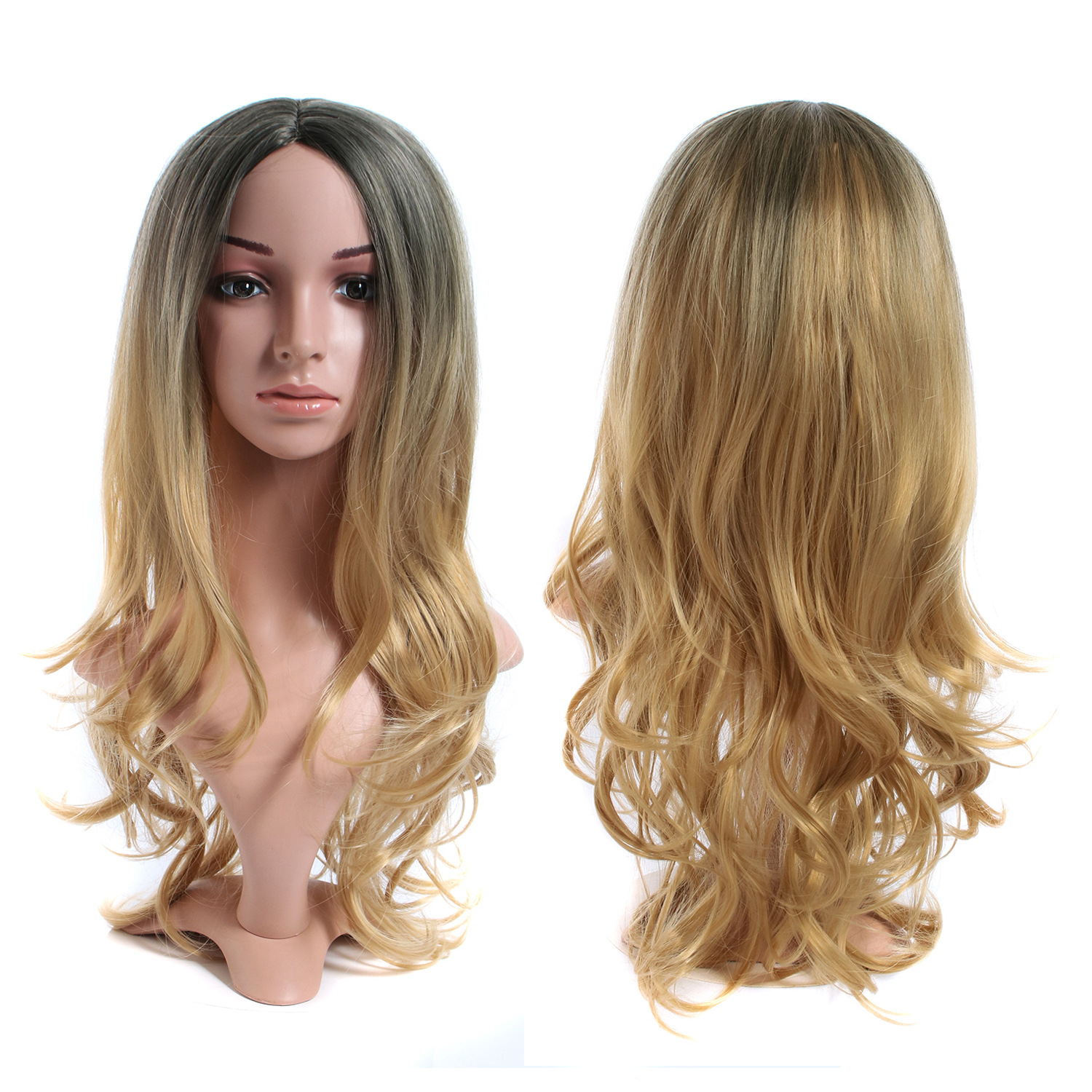 Wavy curly black golden wig with hair parting