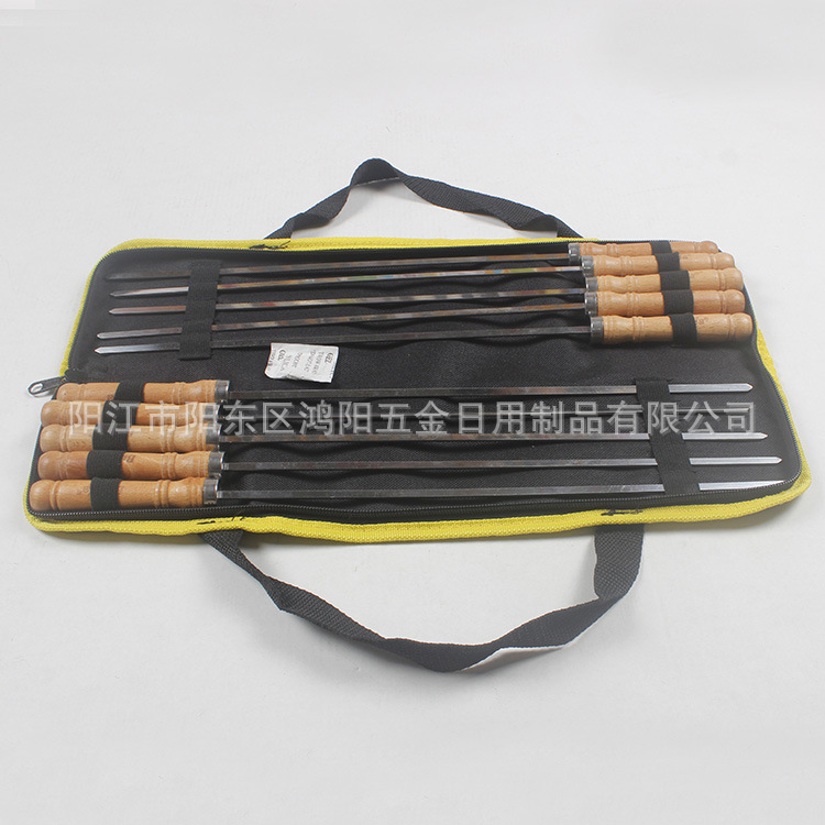 Los fabricantes suministran pinchos de acero inoxidable aguja de barbacoa antiquemaduras mango de madera pinchos de barbacoa 10 directrices barbacoa palo barbacoa tenedor