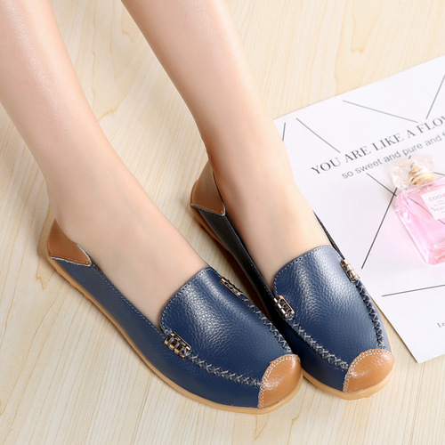  Spring/Summer Cross-border Plus Size Single Shoes Two-Layer Cowhide Mom Shoes Nurse Shoes Lace-Up Flat Bottom Casual Comfortable Peep-toe