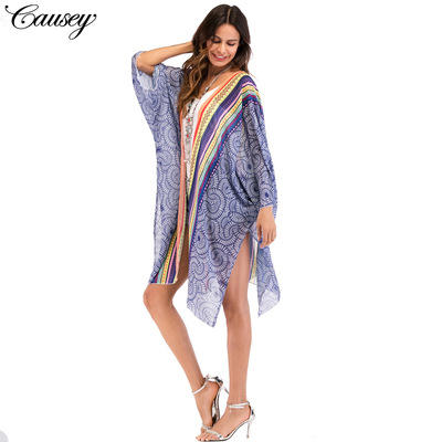 亚马逊速卖通欧美外贸夏季新款大码女装时尚雪纺拼接开衫沙滩罩衫