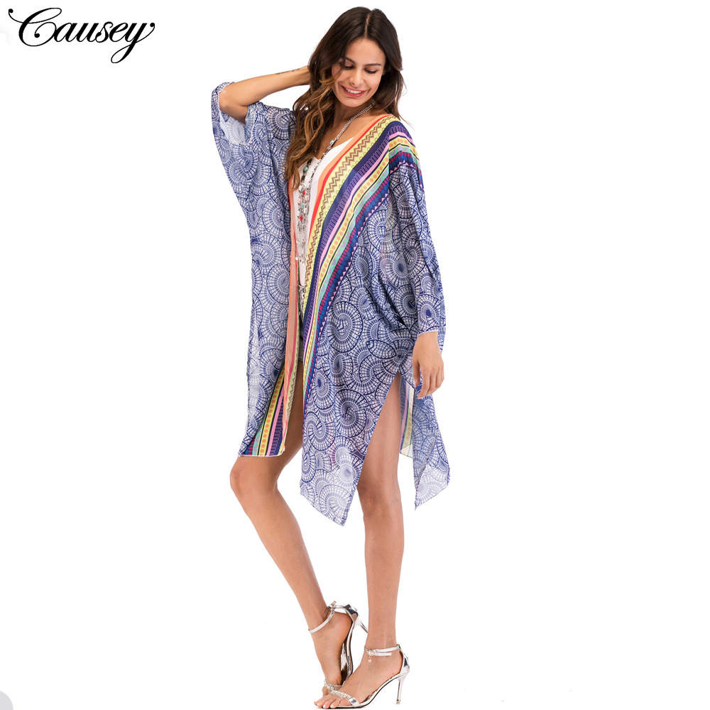 亚马逊速卖通欧美外贸夏季新款大码女装时尚雪纺拼接开衫沙滩罩衫