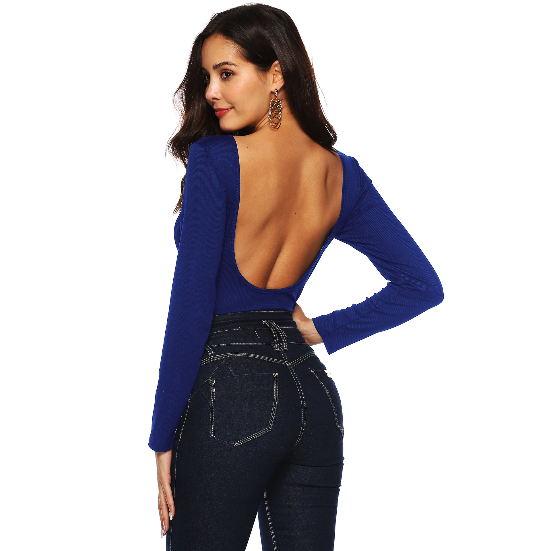 long-sleeved open back button jumpsuit  NSOY46139