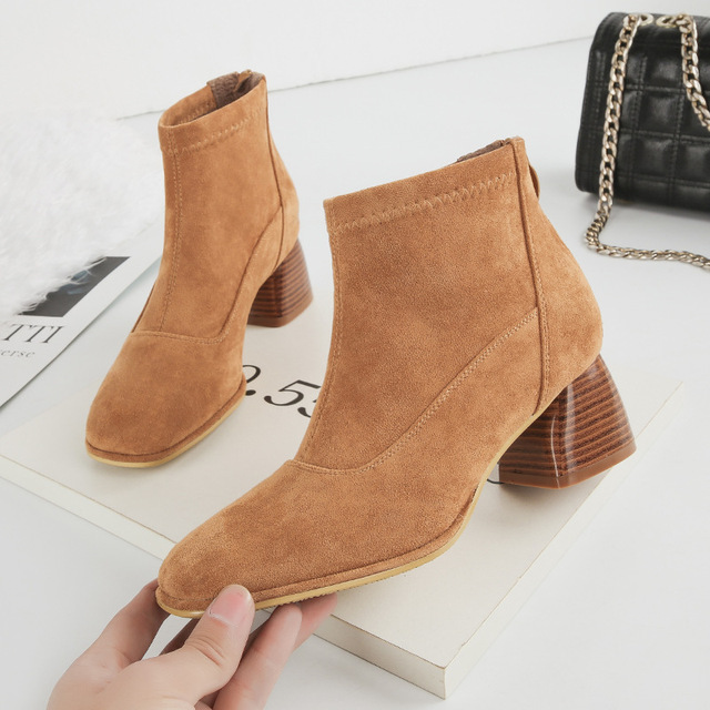 High-heeled elastic boots velvet square-headed thick-heeled boots 