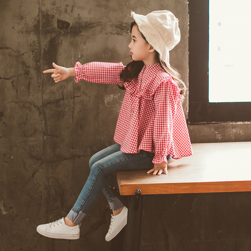 厂家童装2020小格子女童衬衫儿童中大童秋装纯棉荷叶边女孩上衣潮