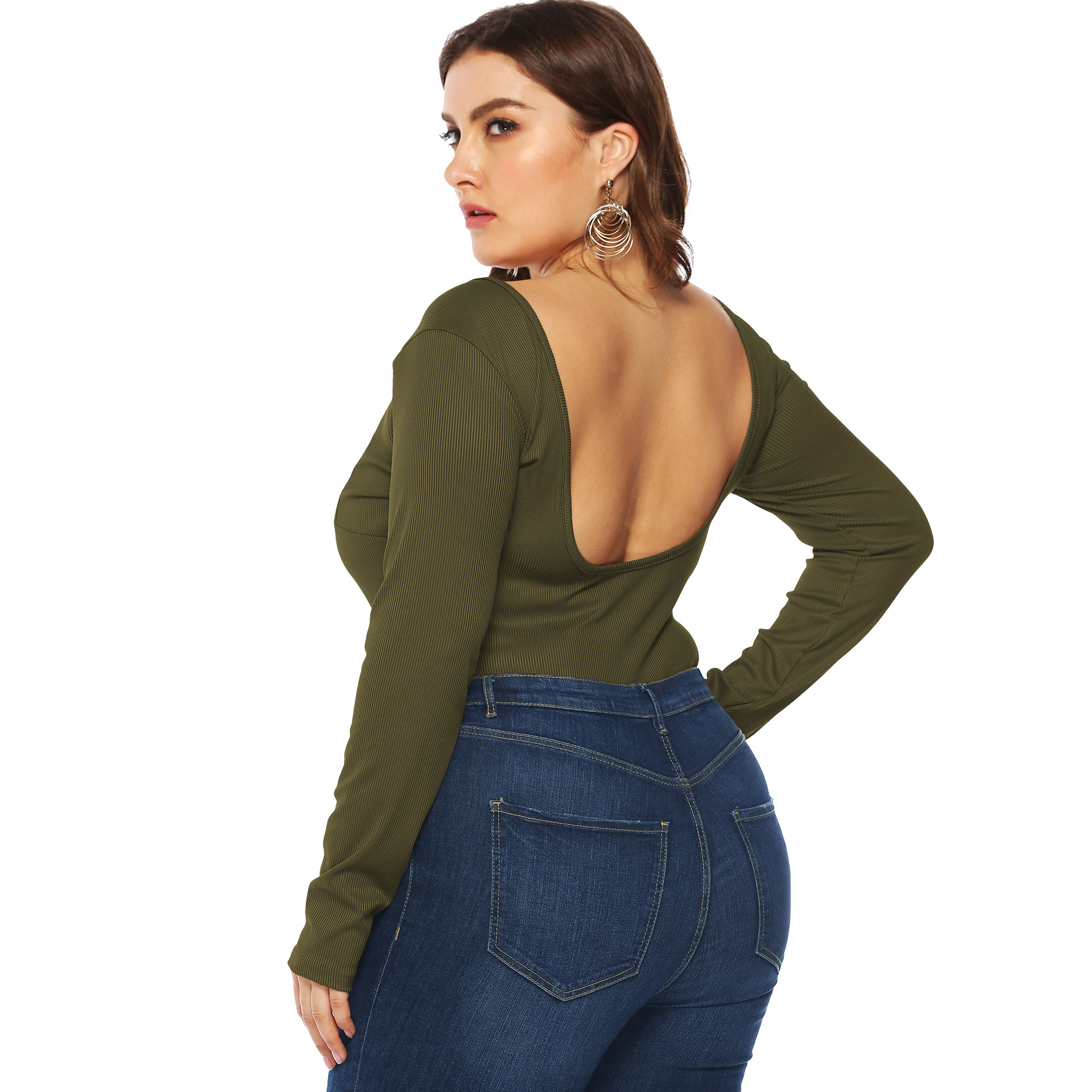 Plus size V-neck button front bodysuit NSOY46001