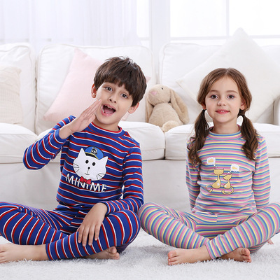 中小男女兒童秋冬舒絨彩條修身卡通內衣秋衣褲家居睡服親子套裝