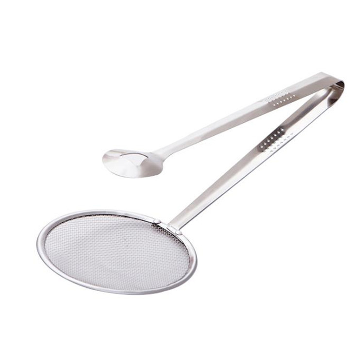 Acero inoxidable dos en uno cocina malla filtro de aceite freír aceite clip cuchara colador