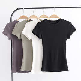厂家直销18新款欧美修身长款圆领螺纹短袖T恤纯色T恤一件代发
