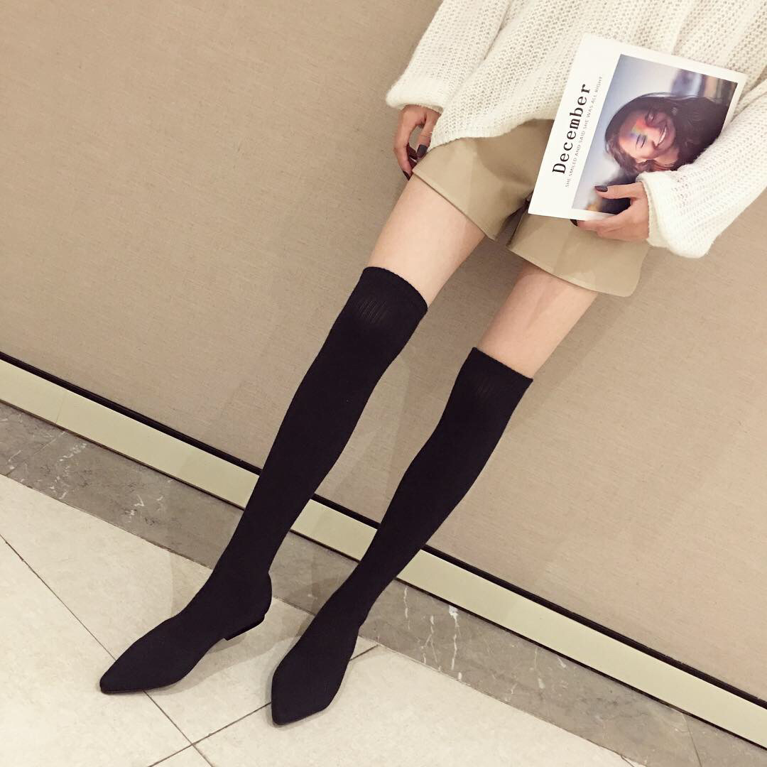 Cross-border 2022 European and American foreign trade new women's boots flat-bottomed boots knitted wool socks sleeve pointed elastic boots