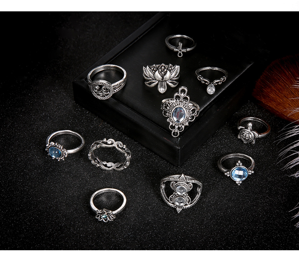 Fashion Gemstone Turtle Cross Lotus Water Drop Flower 11 Piece Set Ring display picture 5