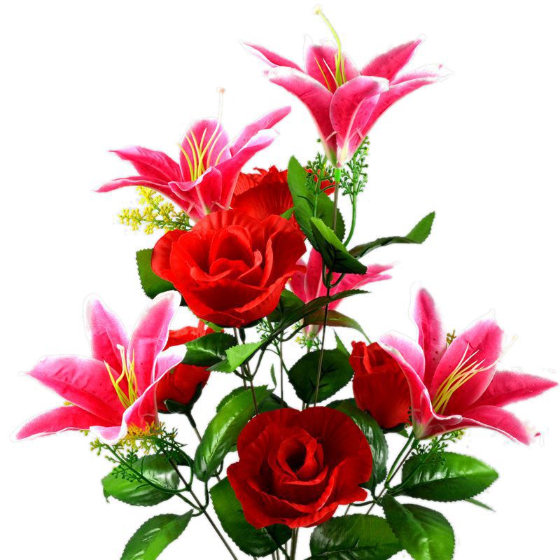 义乌照屏仿真玫瑰花仿真百合绢花10头步步高迎宾玫百合组合花束|ms