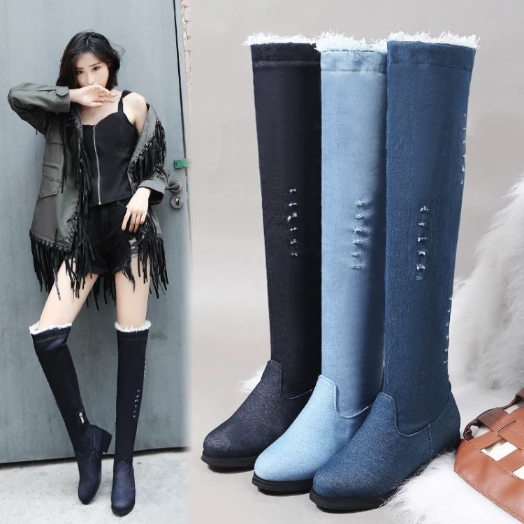 Женские длинные сапоги европейские и американские 2021 осень-зима Новые женские сапоги на высоком среднем каблуке с отделкой для ног джинсовые сапоги выше колена больших размеров