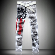 外贸男式白色美国国旗印花牛仔裤高弹力修身欧美五角星男士大码裤