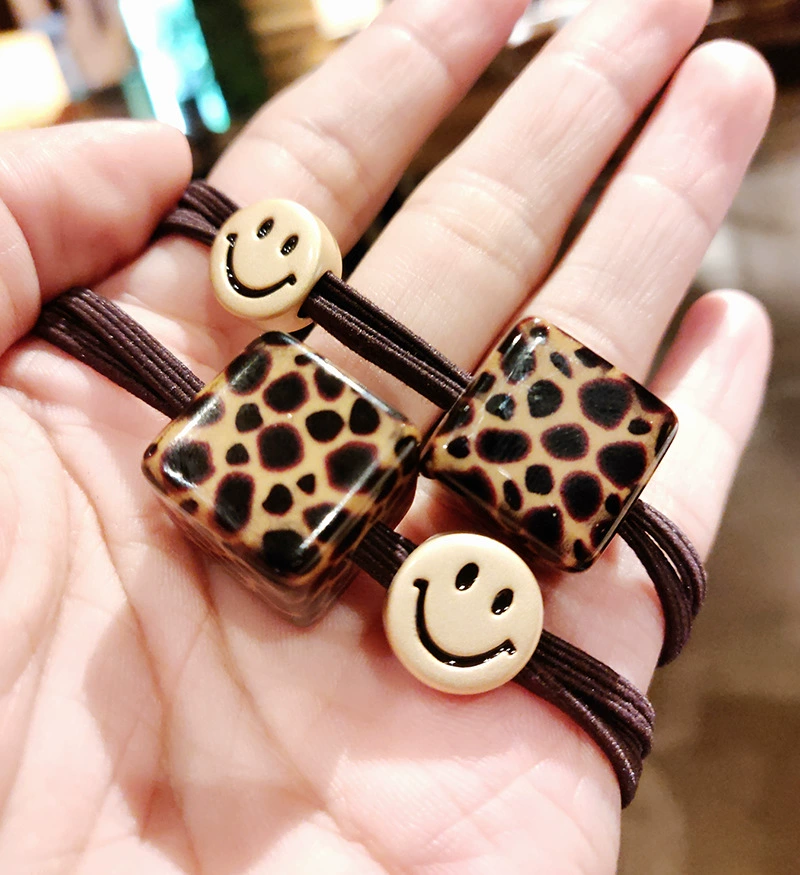 Acrylic Hair Rope, Korean Style Elastic Ponytail Holder with Smile-Bead & Leopard Block Accent