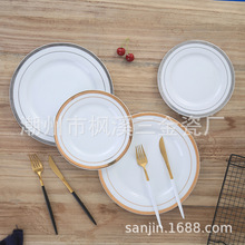 新款西餐盘4件套含刀叉 金线西餐盘 甜点盘 西餐摆盘 创意牛扒盘