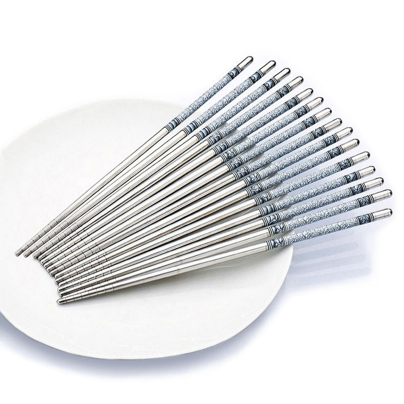 不锈钢家用青花瓷印花筷子 家用酒店防滑筷子中空隔热耐高温餐筷