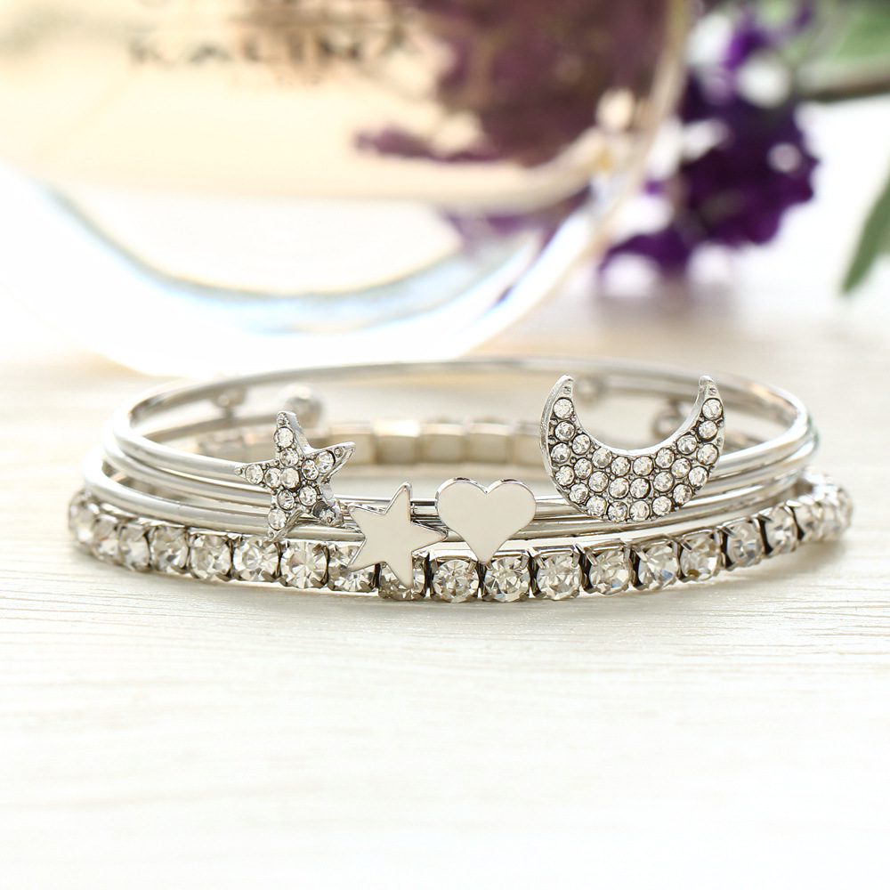 Fashion New  Simple Diamond Crystal Star Moon Four-piece  Alloy Bracelet Wholesale display picture 3