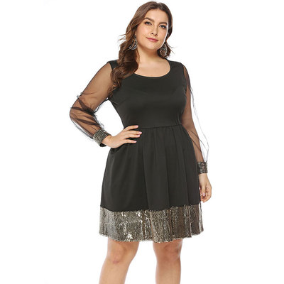 19春夏新款跨境欧美大码女装胖mm 亚马逊亮片打底连衣裙礼服裙