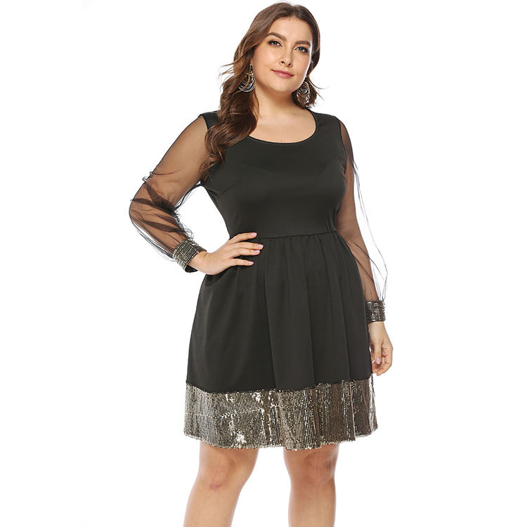 19春夏新款跨境欧美大码女装胖mm 亚马逊亮片打底连衣裙礼服裙