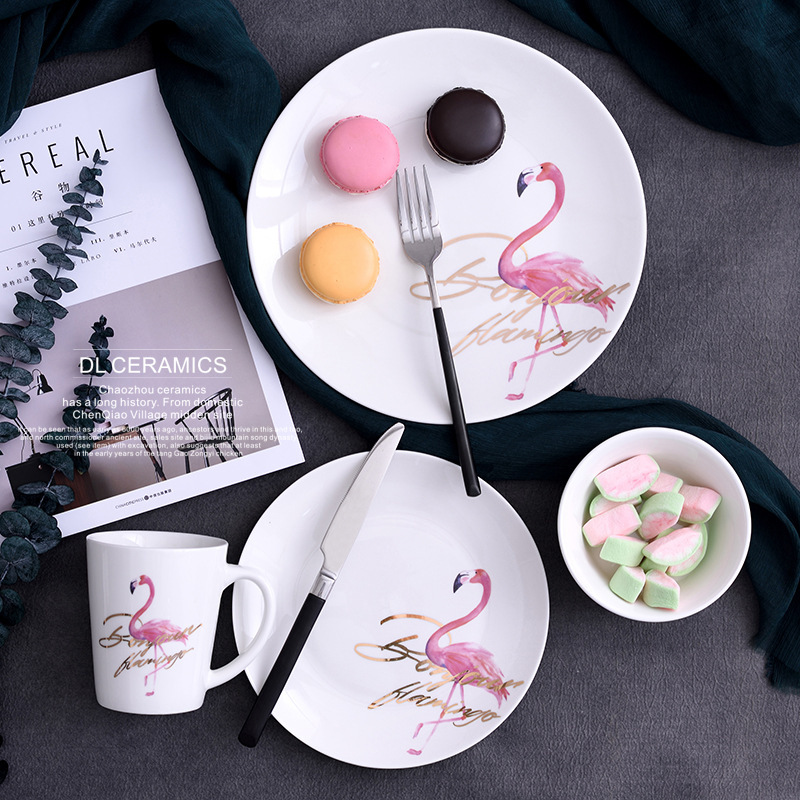 Creative Flamingo Tableware Gold Ceramic Bowl Plate Cup Golden English Breakfast Plate Milk Cup ins Series Creative Flamingo Tableware Gold Ceramic Bowl Plate Cup Golden English Breakfast Plate Milk Cup ins Series