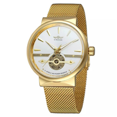 Winner-162G hombres de negocios reloj mecánico automático casual correa de acero máquina transparente inferior reloj mecánico
