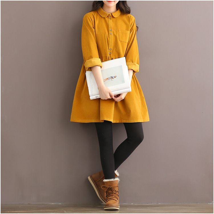 外贸速卖通 2018森林文艺复古宽松显瘦多色灯芯绒孕妇连衣裙