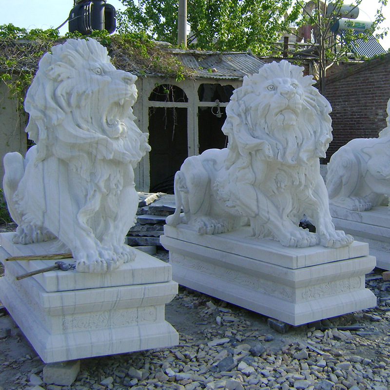 stone carving lion a pair courtyard company factory Entrance European style natural White marble Sunset glow Bluestone lion