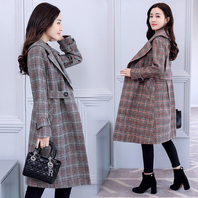 2018新款秋装韩版女装 流行格子大衣女中长款千鸟格呢子毛呢外套