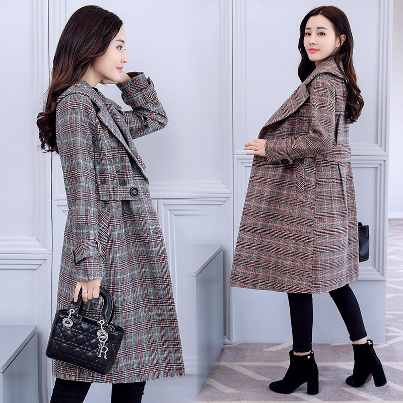 2018新款秋装韩版女装 流行格子大衣女中长款千鸟格呢子毛呢外套