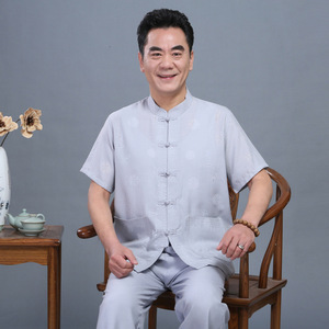Men chinese tang suit cotton and hemp short sleeve sports linen Tang suit T-shirt Chinese men Kung Fu Tai Chi suit