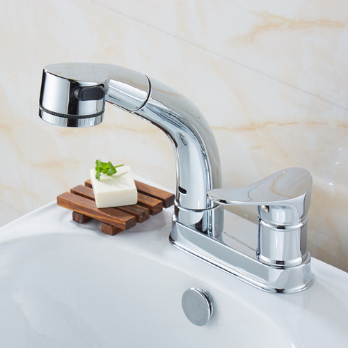 Full copper double hole pull-out face basin cold and hot water faucet three-hole countertop sink hand basin lifting telescopic shower head